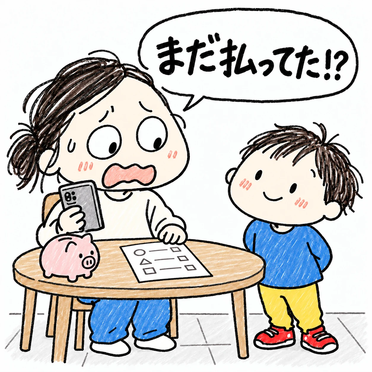 続いていた支払いに驚き、机の上の明細を確認するお母さんと子ども