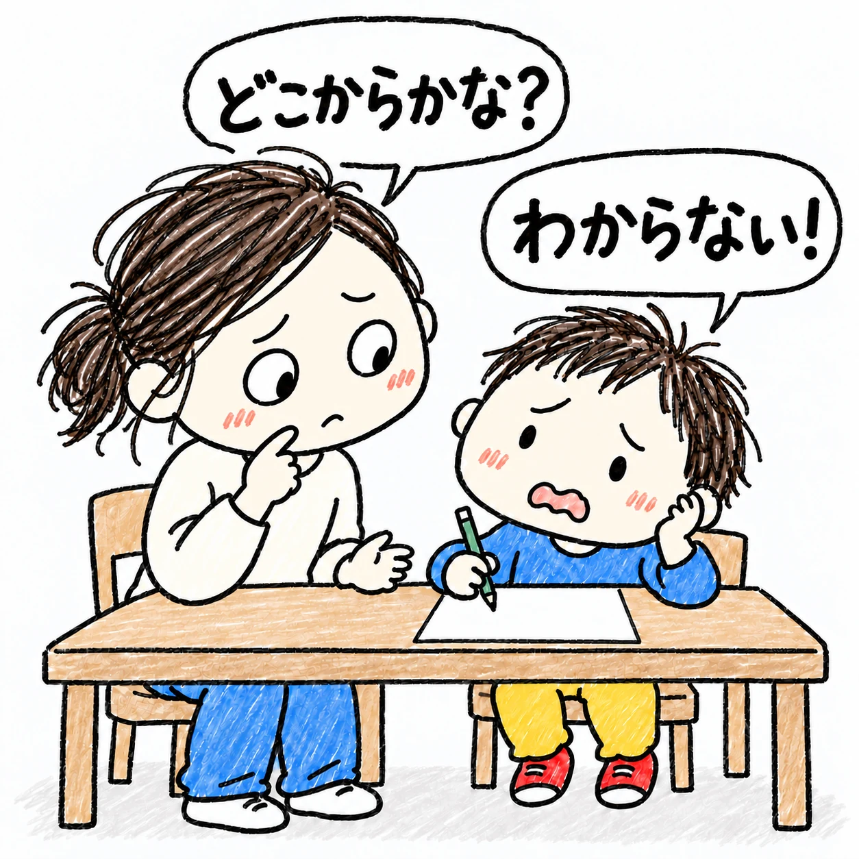 宿題の紙を前に鉛筆が止まった子どもと、一緒に考えるママの落書き風イラスト