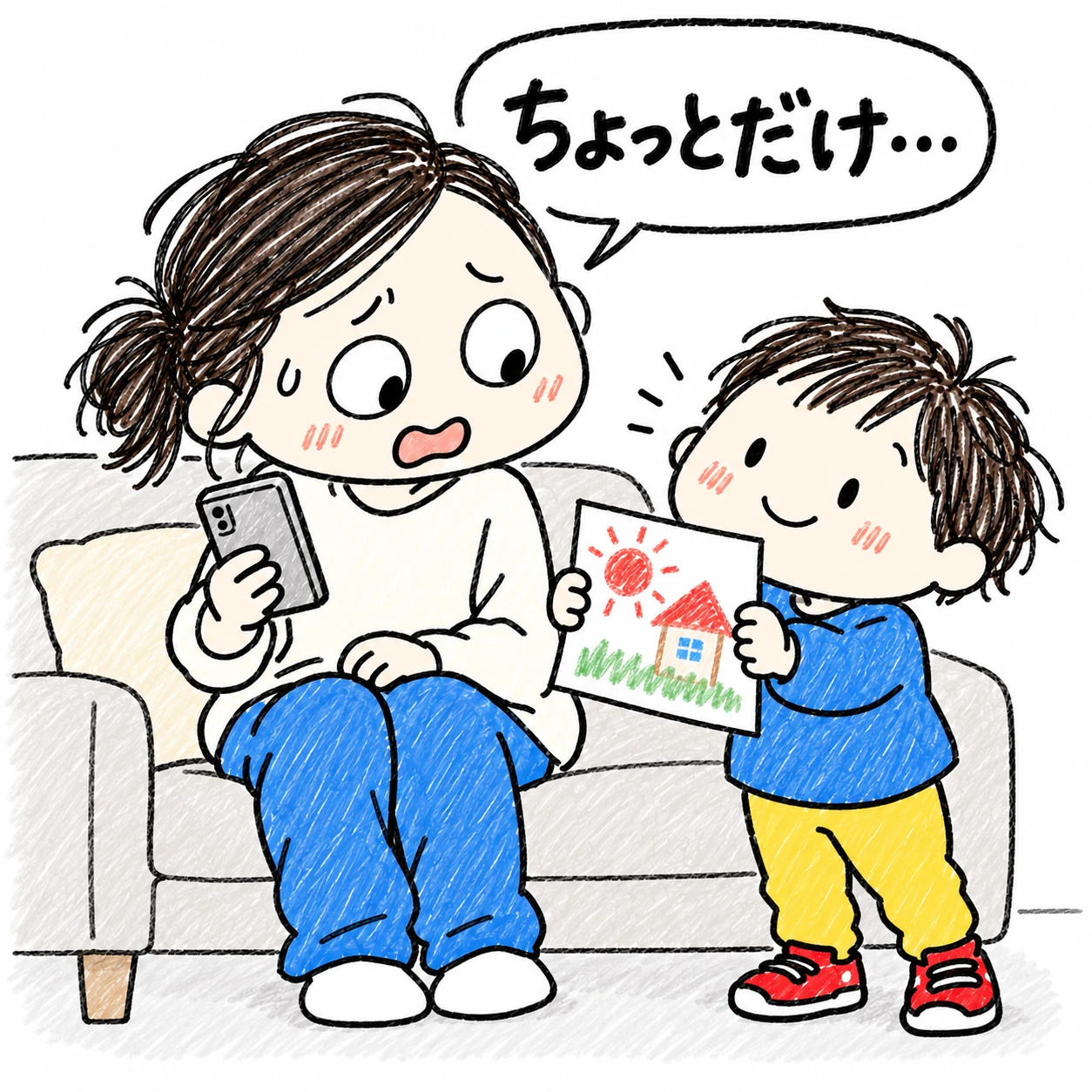 スマホを見ていたお母さんに子どもが絵を見せに来たところ