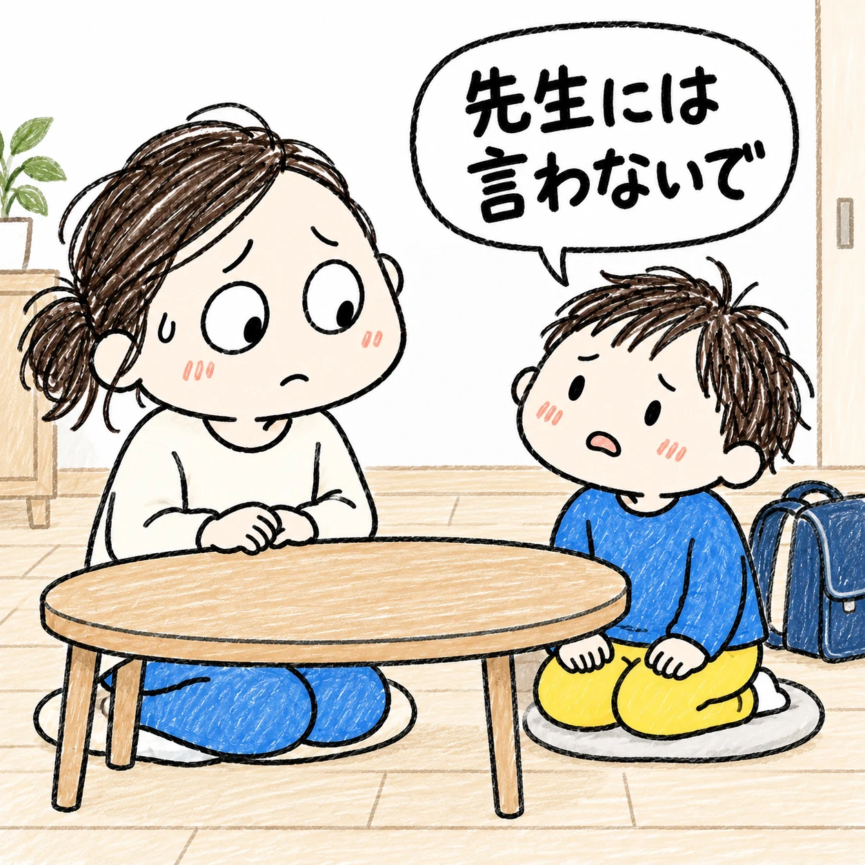 嫌だった出来事を話し、先生には言わないでと頼む子と、話を聞く母