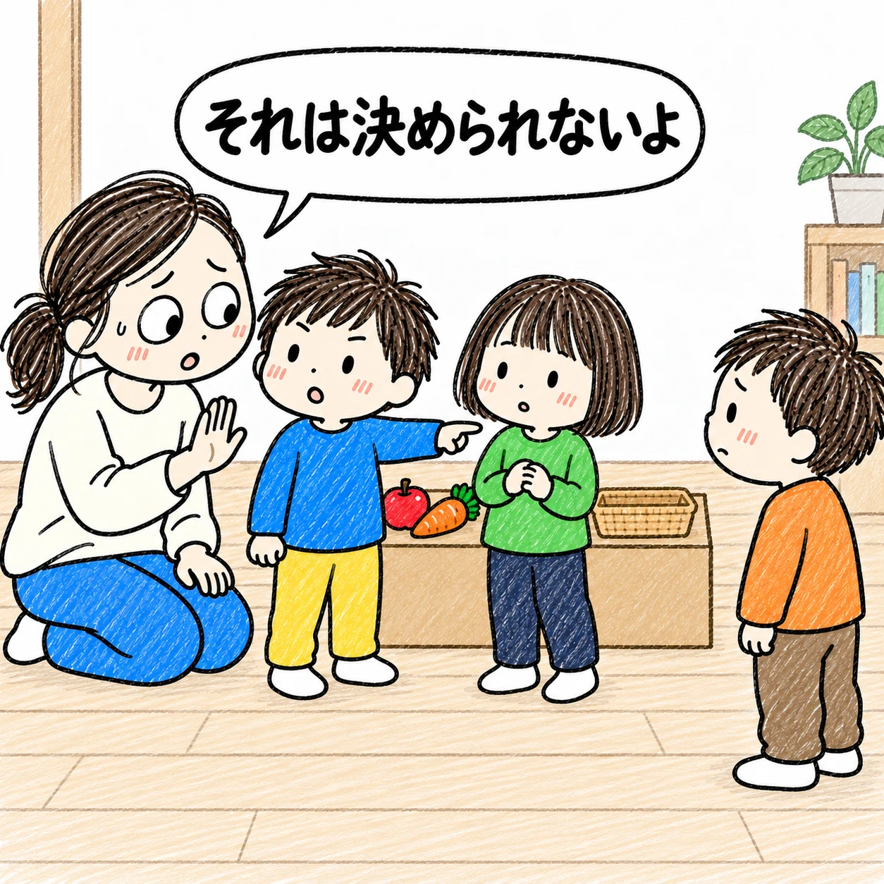 ほかの子の交友を指示しようとする子に、母が静かに制止する