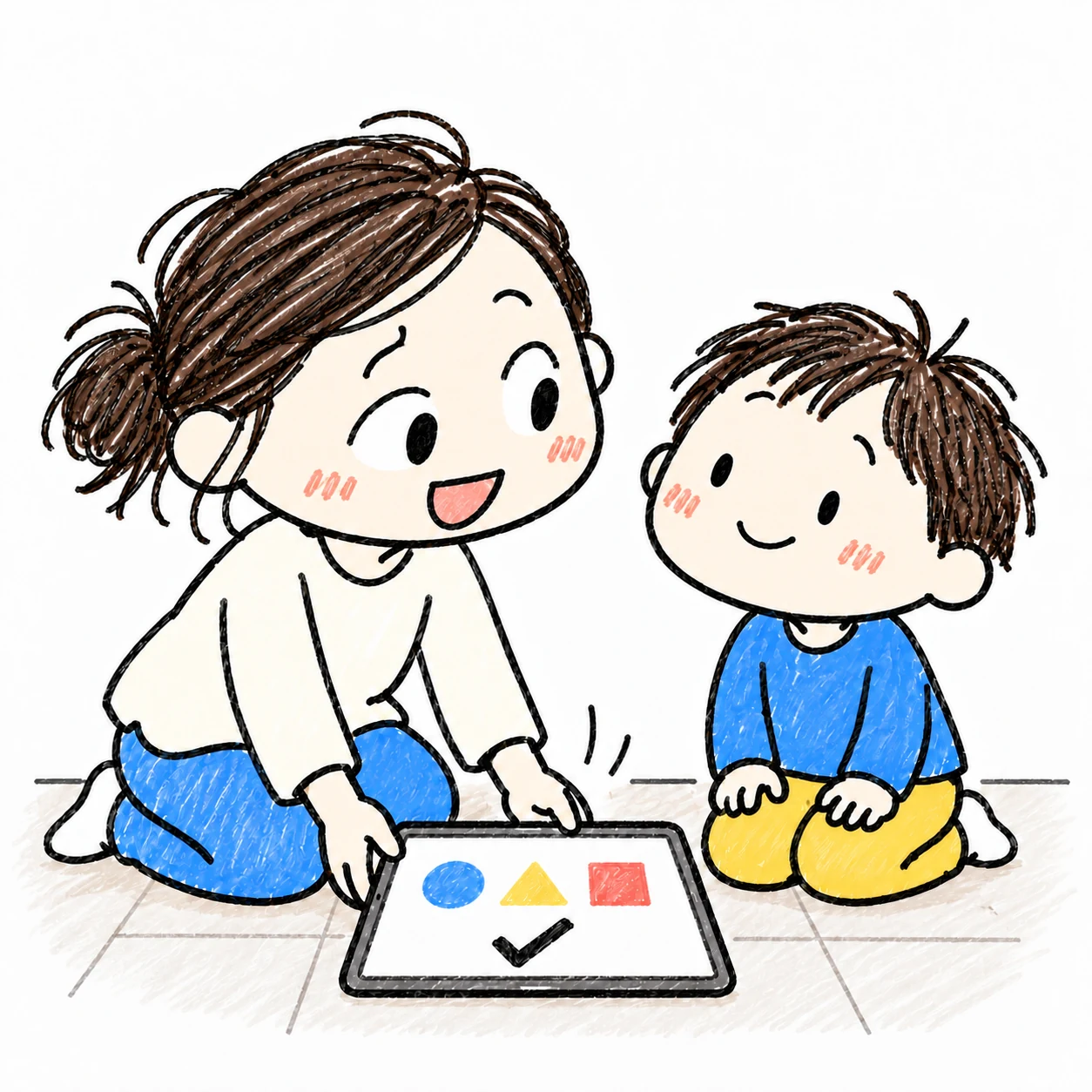 短い遊びが一区切りになる画面を親子で確かめ、タブレットをそっと置く