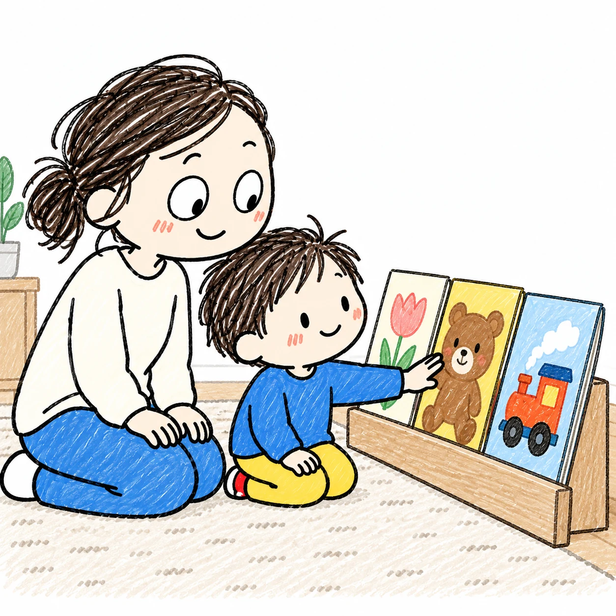 子どもが並んだ絵本からお気に入りの一冊を選び、ママがその本を見ている手描きイラスト