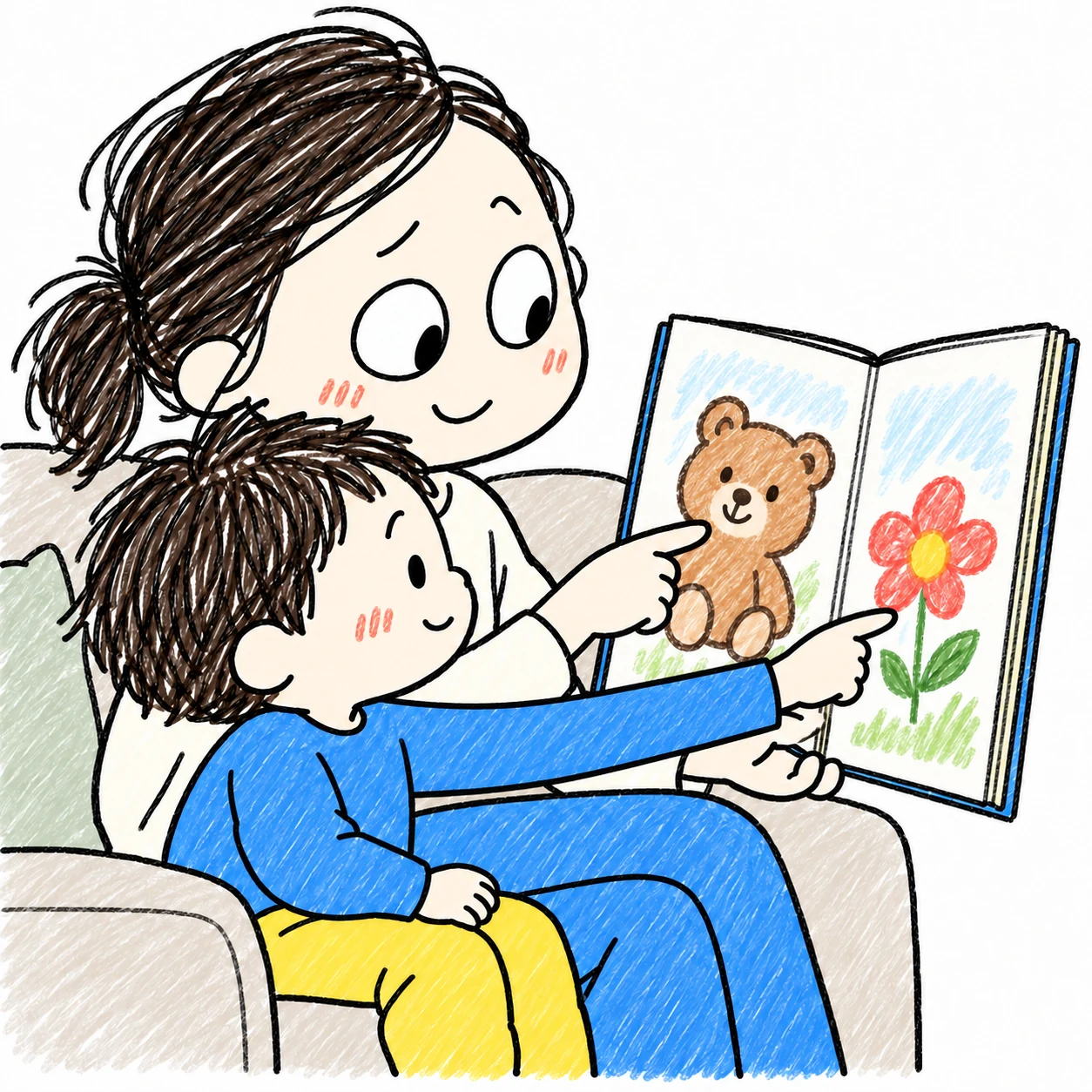 ママと子どもが開いた絵本の絵を見て、指をさしながらことばを楽しむ手描きイラスト
