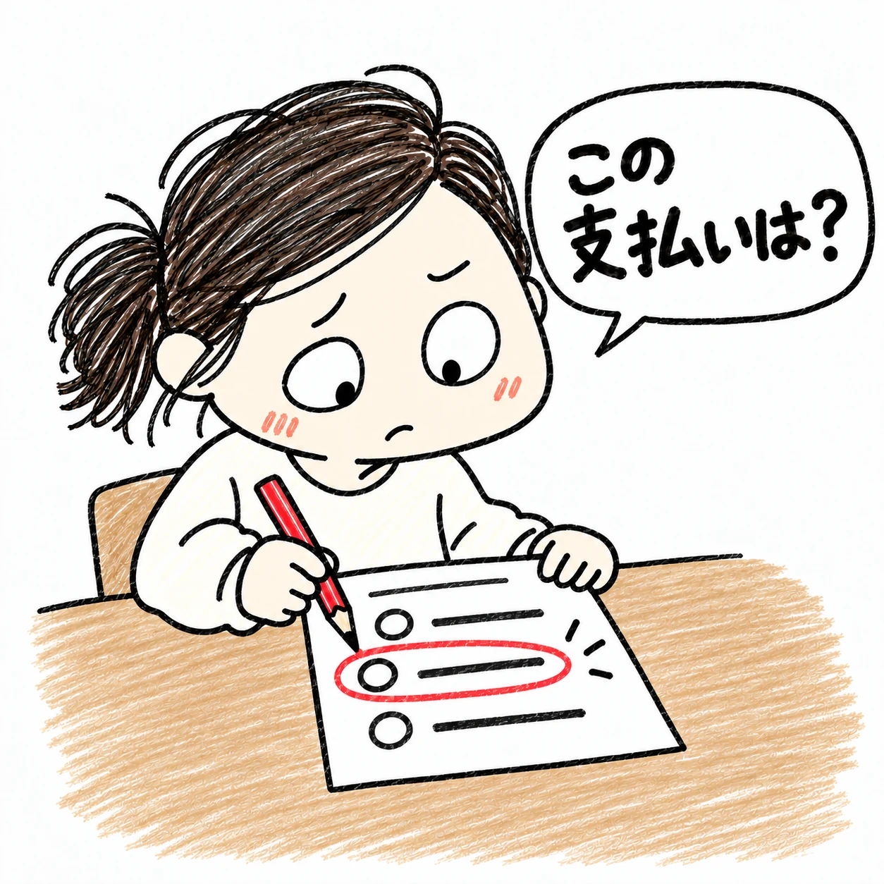 ママが支払い明細のひとつの行を丸で囲み、続いている支払いを確かめる手描きイラスト
