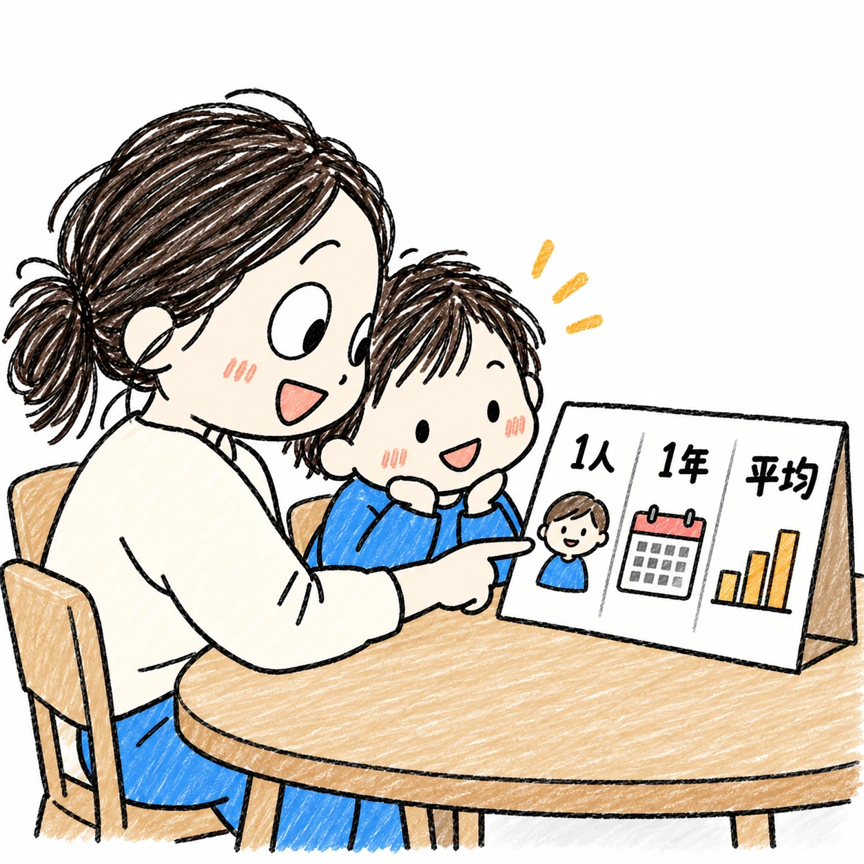 親子の方へ向いたカードで教育費の1人・1年・平均を確認する親子