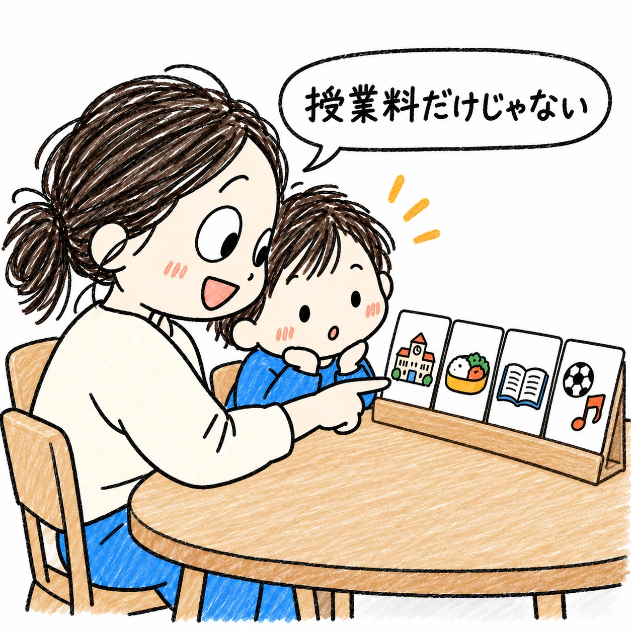 親子の方へ向いた学校・給食・教材・活動のカードを見比べる親子