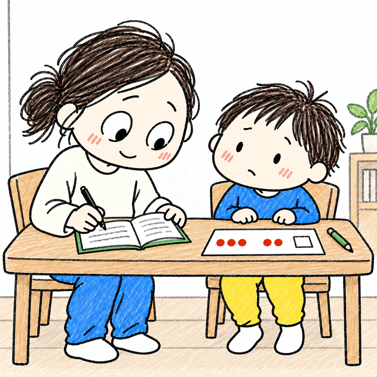 困った宿題の問題と家での手助けを連絡帳に書く母と、そばに座る子ども