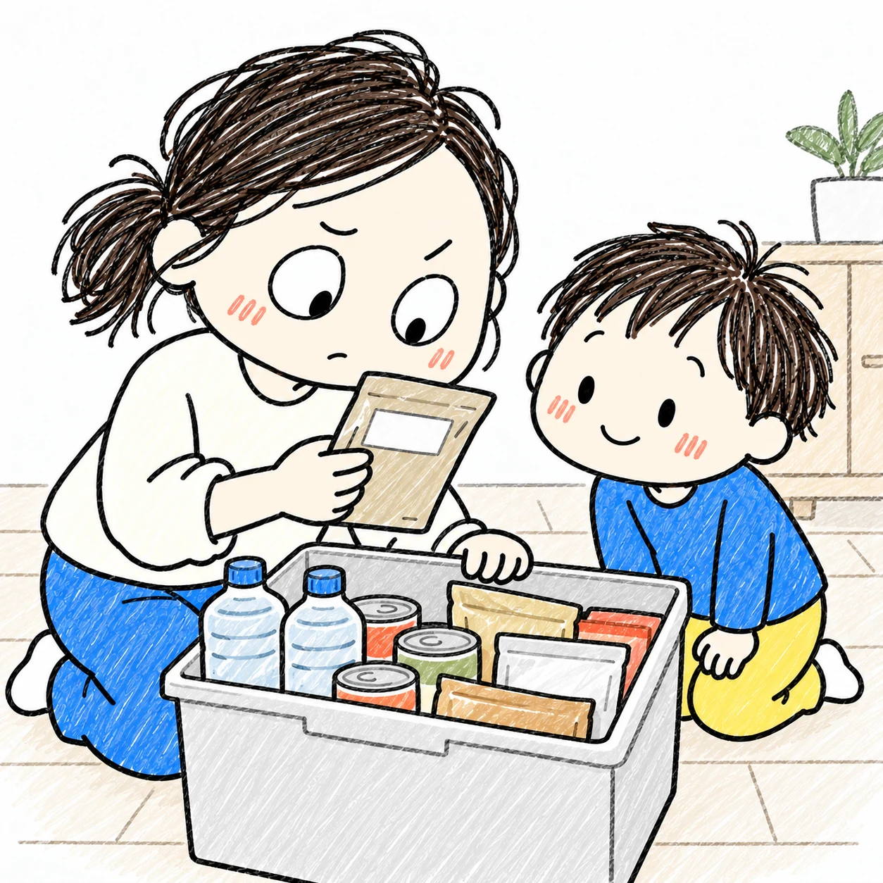 ママが食品袋を見て備蓄の量と期限を確かめ、子どもが隣で見守る手描きイラスト