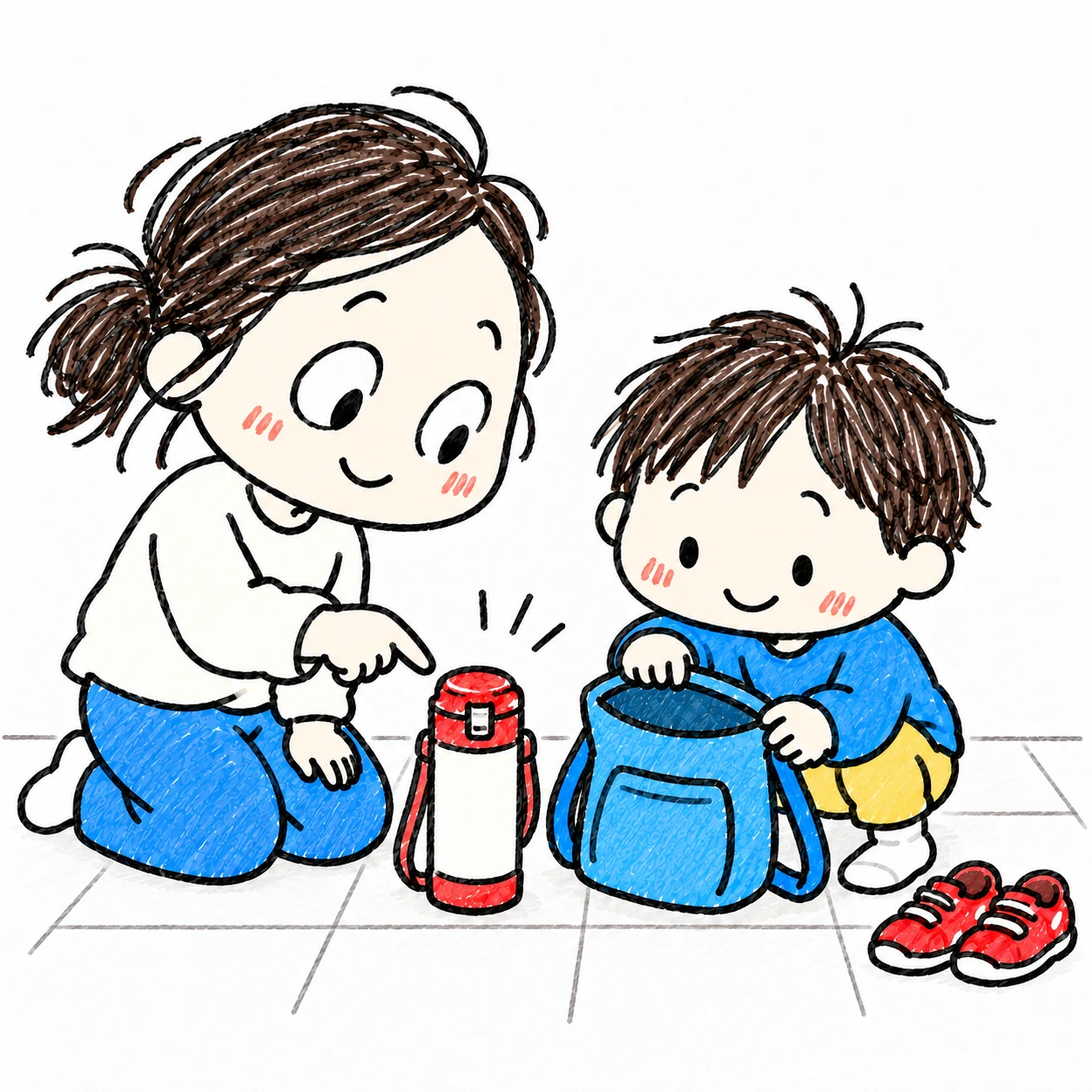 靴を履く前にバッグと水筒を一緒に確認する親子