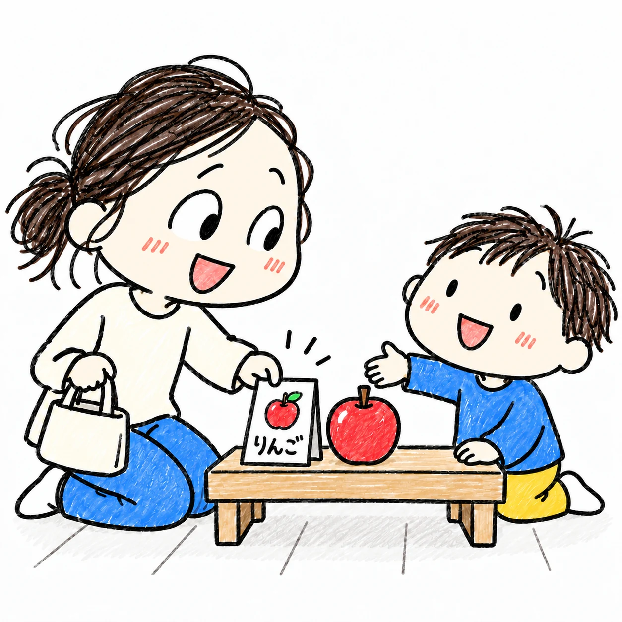 りんごの玩具に「りんご」の名前札を添えてお店屋さんごっこをする親子